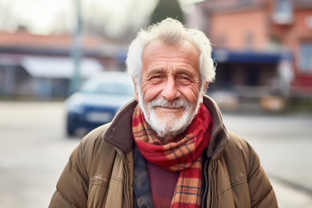 an old man smile at camera