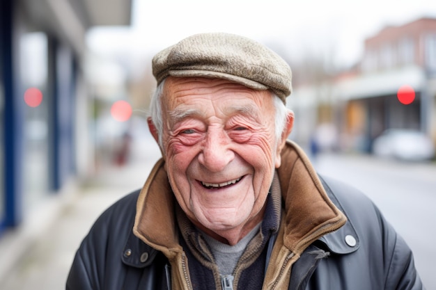 an old man smile at camera