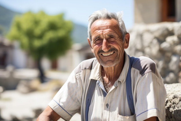 an old man smile at camera