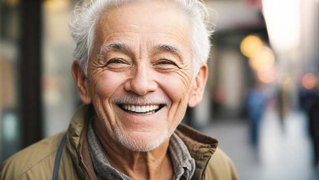 An old man smiling in front of an outoffocus background Image with copy space