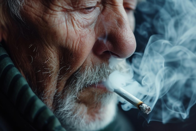 Old man smoking tobacco exhales cigarette smoke