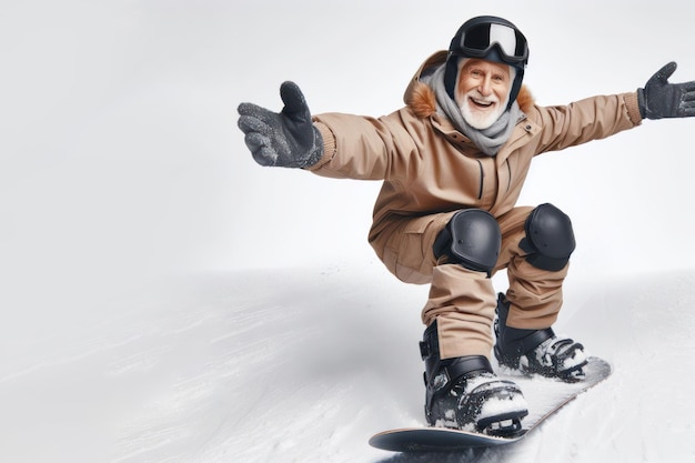 old man snowboarder isolated on a white background