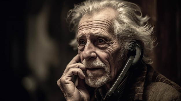 An old man talking on a phone with a brown jacket.