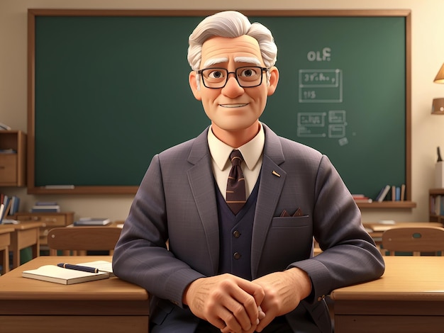 Old man teacher with glasses and a suit on is in front of class