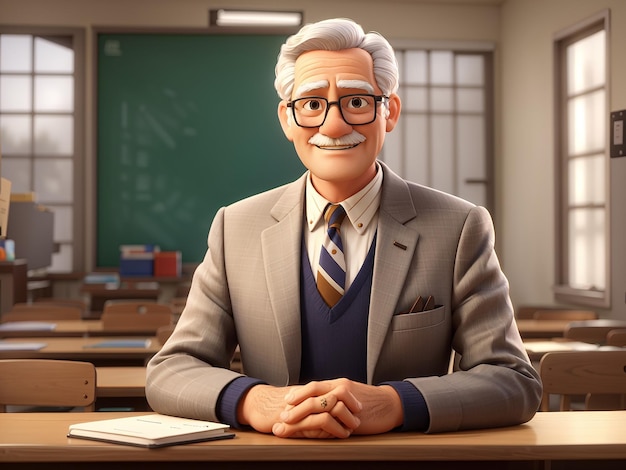 眼鏡とスーツを着た老人の先生がクラスの前にいます