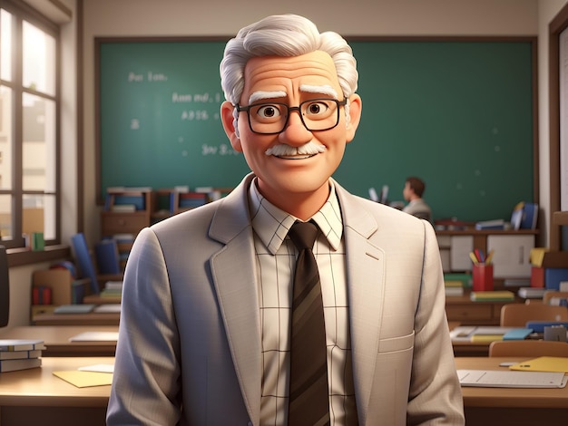 Old man teacher with glasses and a suit on is in front of class