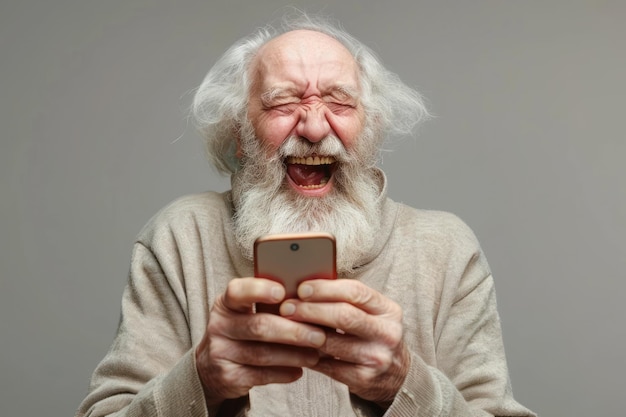 old man use smartphone and laughing