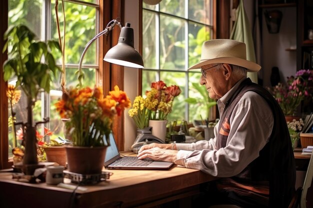 Old man using computer