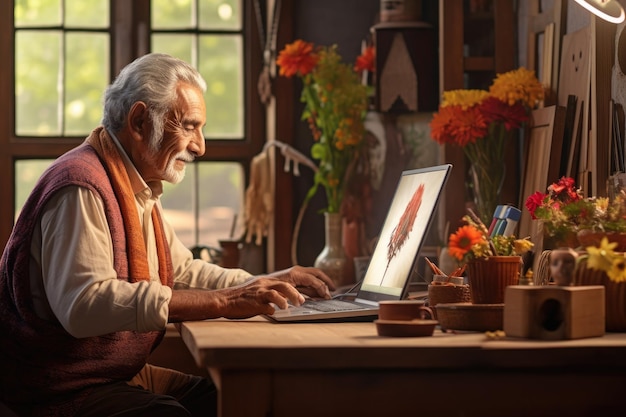 Old man using computer