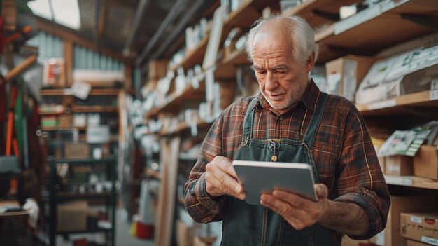 Photo an old man using a tablet in a warehouse