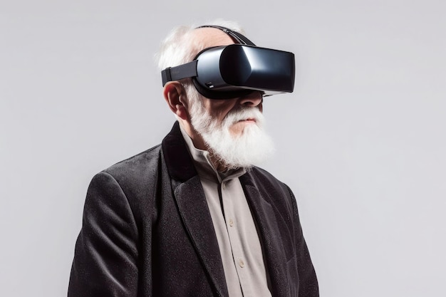 Old man using virtual reality headset VR gadgets education online or game concept Generative AI