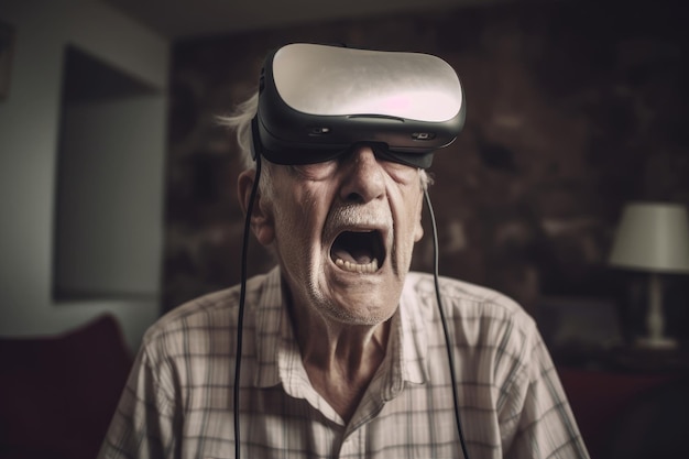 Photo old man vr headset reality generate ai