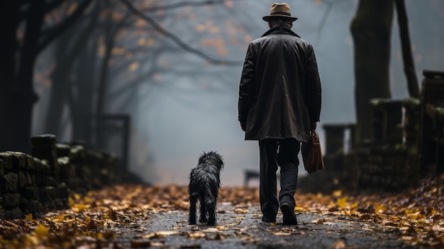 Foto vecchio che cammina da solo con il suo cane in un giorno di pioggia