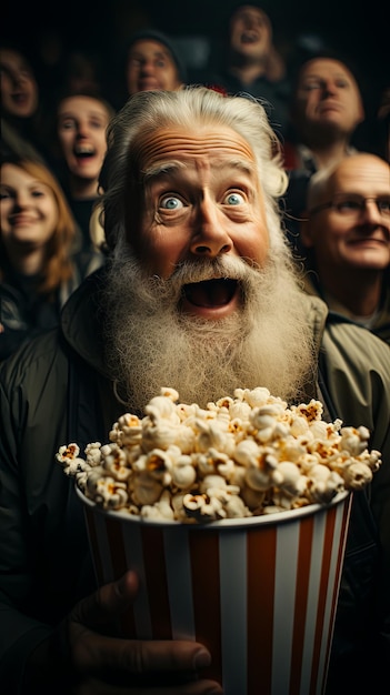 Old man watching a movie in a cinema while eating popcorn