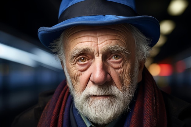 an old man wearing a blue hat and scarf