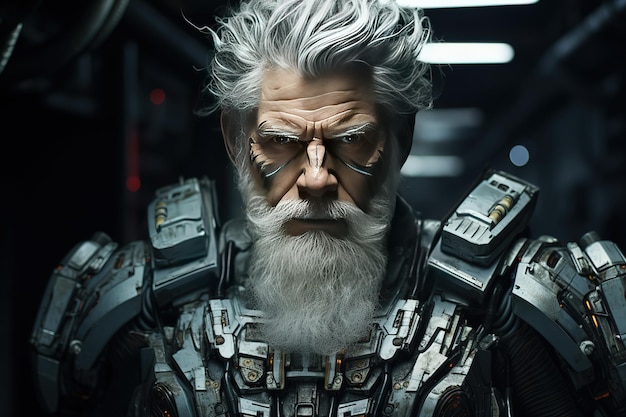 old man wearing cyber suit armored