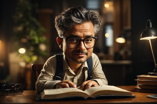 An old man wearing glasses is reading a history book