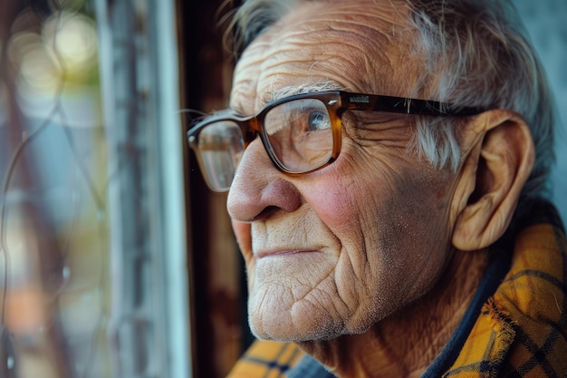 Foto un vecchio con gli occhiali che guarda fuori da una finestra