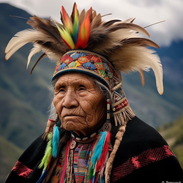 An old man wearing a hat and a feathered headdress stands in front of a mountain