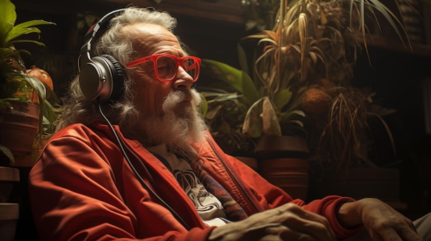 Old Man Wearing Headphones and a Red Jacket Generative AI