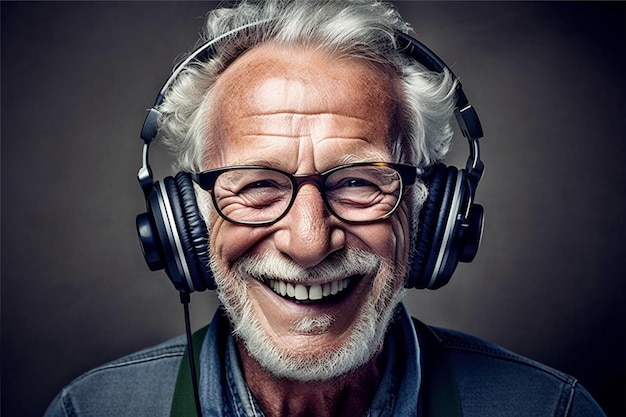 Старик в очках виртуальной реальности и улыбается