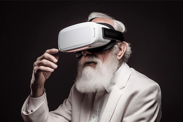 Old man wearing vr glasses and smiling