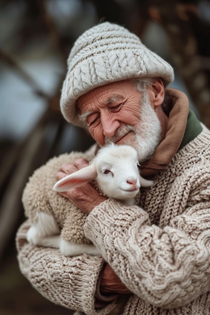 Старик в шерстяной шляпе и вязанном свитере обнимает ягненка на открытом воздухе, что может проиллюстрировать понятия, связанные с уходом за животными в ферме или общением с пожилыми людьми