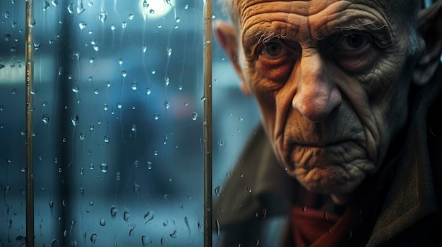 old man behind the wet glass of a window