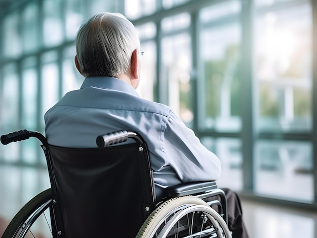 Old man in wheelchair facing hospital window