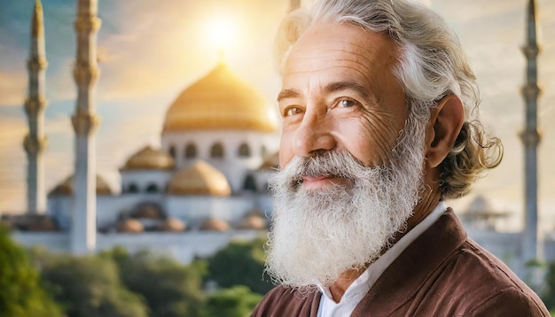 Foto un vecchio con la barba e i baffi con uno sguardo severo e onorevole guardò da parte