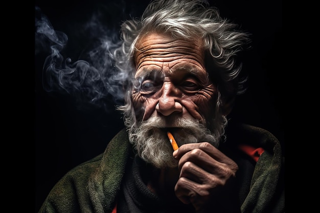 An old man with a beard smokes a cigarette an old man smokes marijuana cigarettes