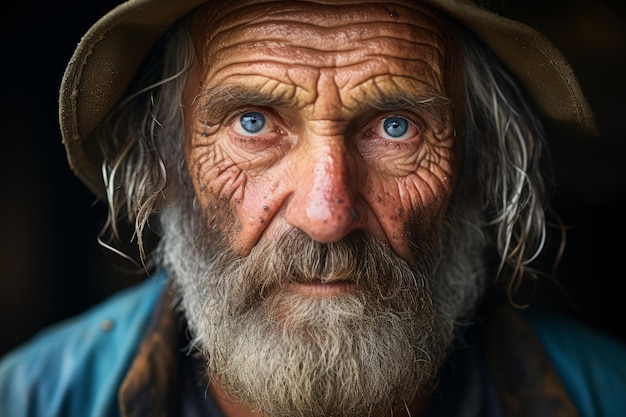 an old man with blue eyes and a hat