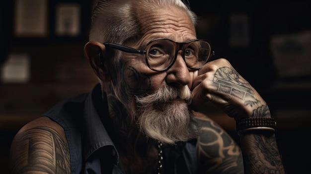 An old man with glasses and beard and mustache wearing glasses