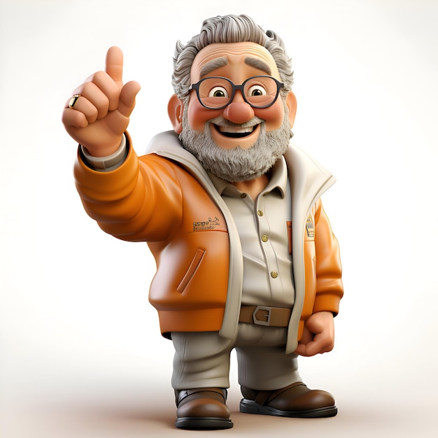 Old man with glasses and brown jacket shows thumbs up 3d illustration