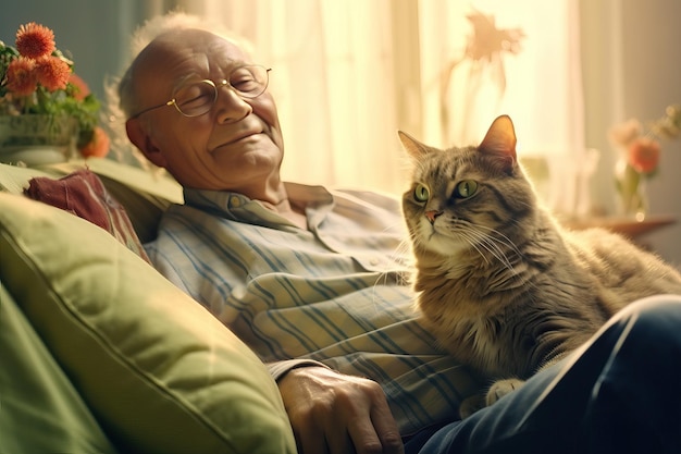 An old man with glasses communicates with his friend a large domestic cat