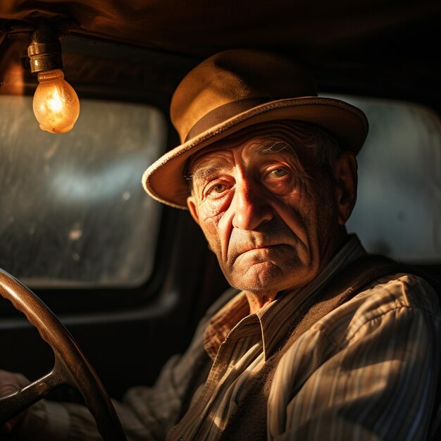 Photo an old man with a hat on and a light on his head.