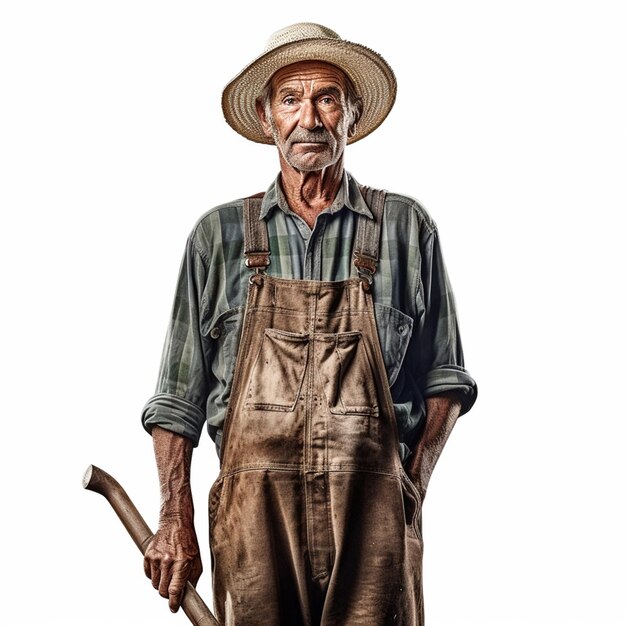 An old man with a hat and overalls holds a hammer.