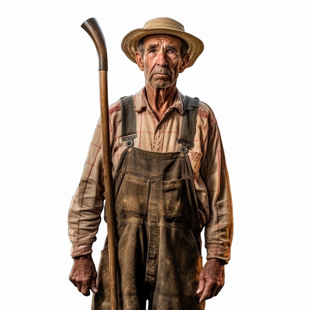 An old man with a large stick and a hat on his head.