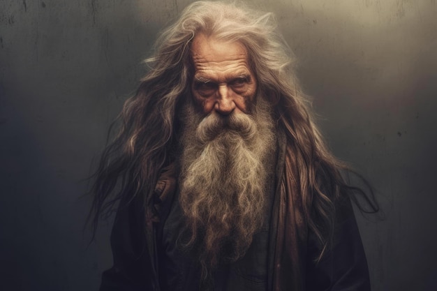 An old man with a long beard and long hair.