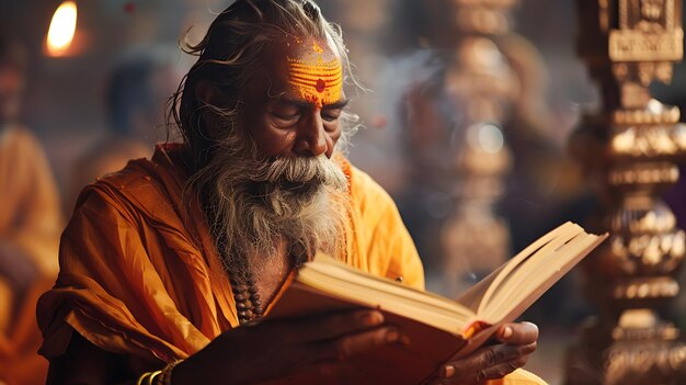 Photo an old man with a long white beard and a red dot on his forehead is reading a book he is wearing a yellow robe and has a mala around his neck