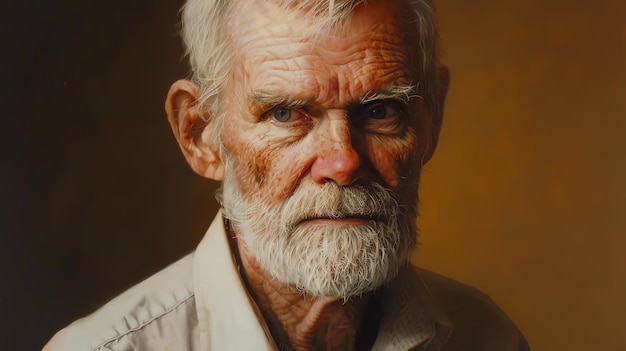 Photo an old man with a long white beard and wrinkles on his face looks out at the viewer with a serious expression