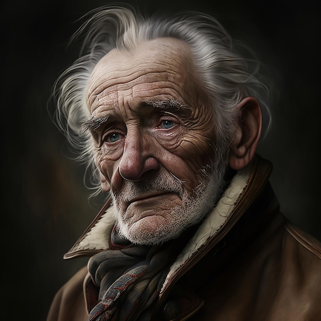 An old man with a scarf and a brown jacket