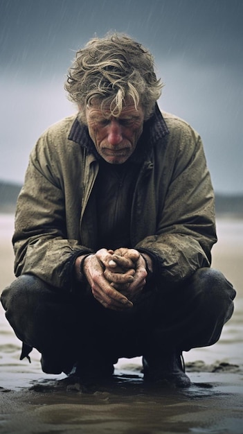 an old man with a stone in his hands sits on a beach.