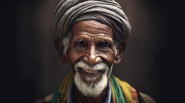 An old man with a turban on his head smiles at the camera.