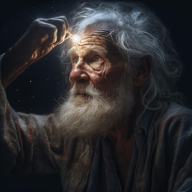 An old man with a white beard and a light on his forehead