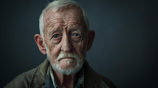 An old man with white hair and beard and wrinkles on his face is looking at the camera with a sad expression