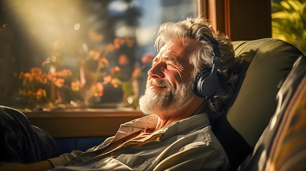 Old man with white hair lonely and sitting in an armchair with headphones smiling and looking out the window enjoying his retirement Old age and retirement concept Copy space