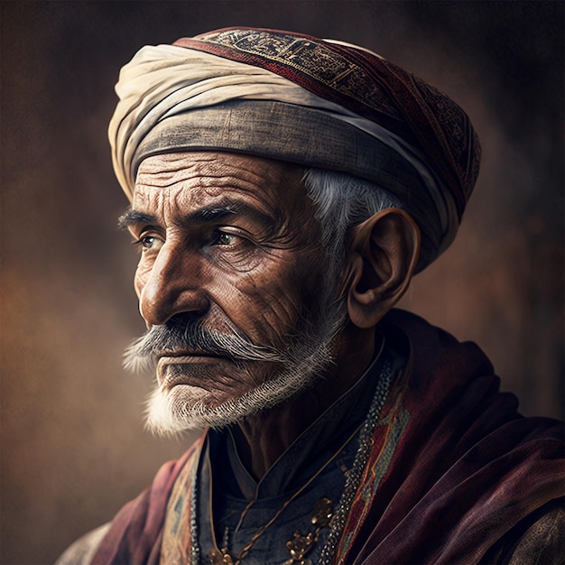 An old man with a white hat and a turban