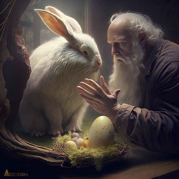 An old man with a white rabbit and a picture of an egg