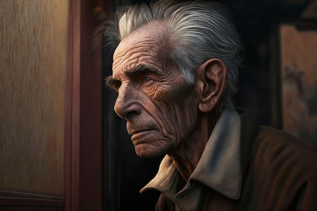 An old man with a wrinkly skin looks out of a window.